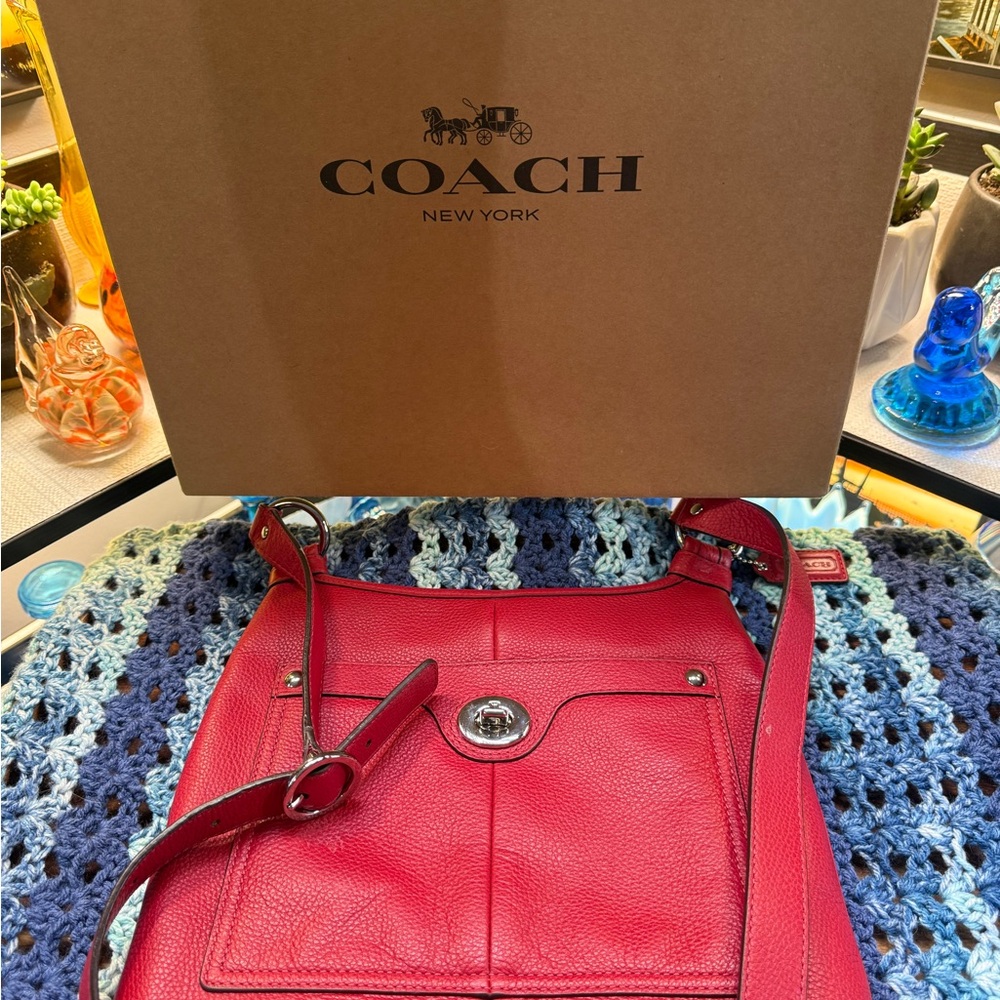 Coach Red Pebbled Leather Shoulder Bag with Turn-Lock